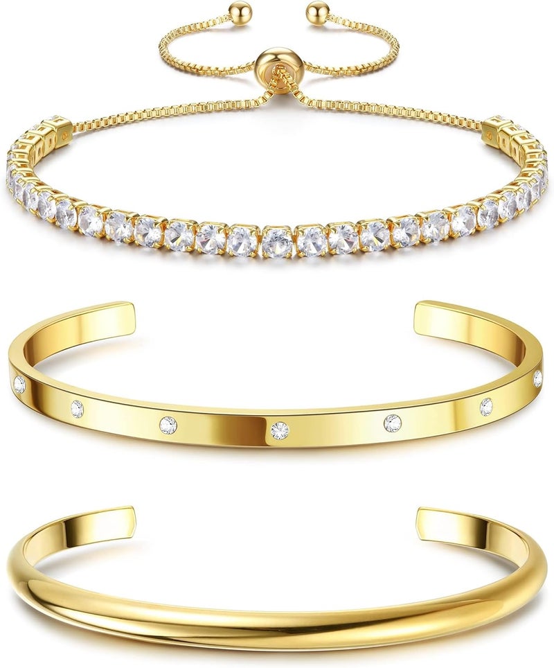 Fansilver 14K Gold Bracelets for Women Trendy Bangle Cuff Chain Bracelets Set Gold Plated Paperclip Bead Tennis Bracelet Chunky Gold Filled Bracelet Stack 3/4PCS - Image 1